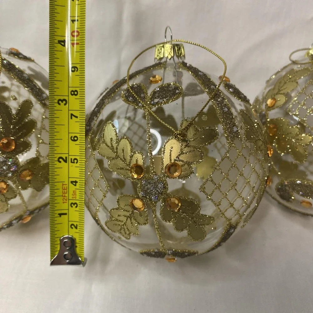 Set Of 4 Pottery Barn Glass Gold Clear Christmas Ornaments